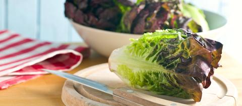 Ein Kopf Romanasalat mit einem Messer auf einem runden Holzbrett. Im Hintergrund eine Schüssel mit weiteren Salatköpfen.