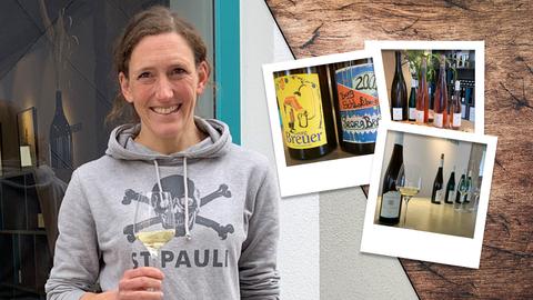 Theresa mit einem Glas Weißwein in der Hand, rechts Bilder von Weinflaschen.