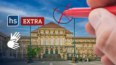 Kasseler Rathaus und Wahlkreuzchen (Collage). Logo: hs extra / DGS Hände