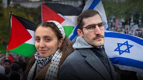 Collage mit palästinischer und israelischer Flagge im Hintergrund, im Vordergrund rechts ein Mann, links eine Frau.