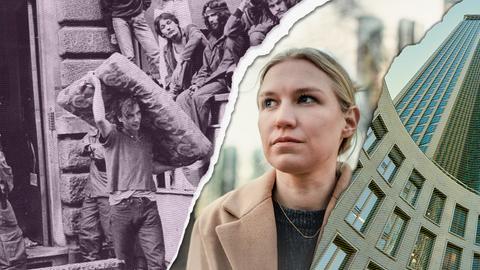 Reporterin steht vor einer Collage aus Wohnungen