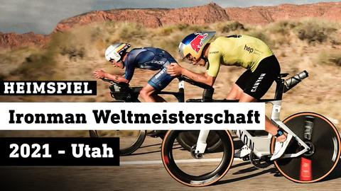 Zwei Radfahrer in den Canyons von Utah. Text: Heimspiel - Ironman Weltmeisterschaft 2021 - Utah